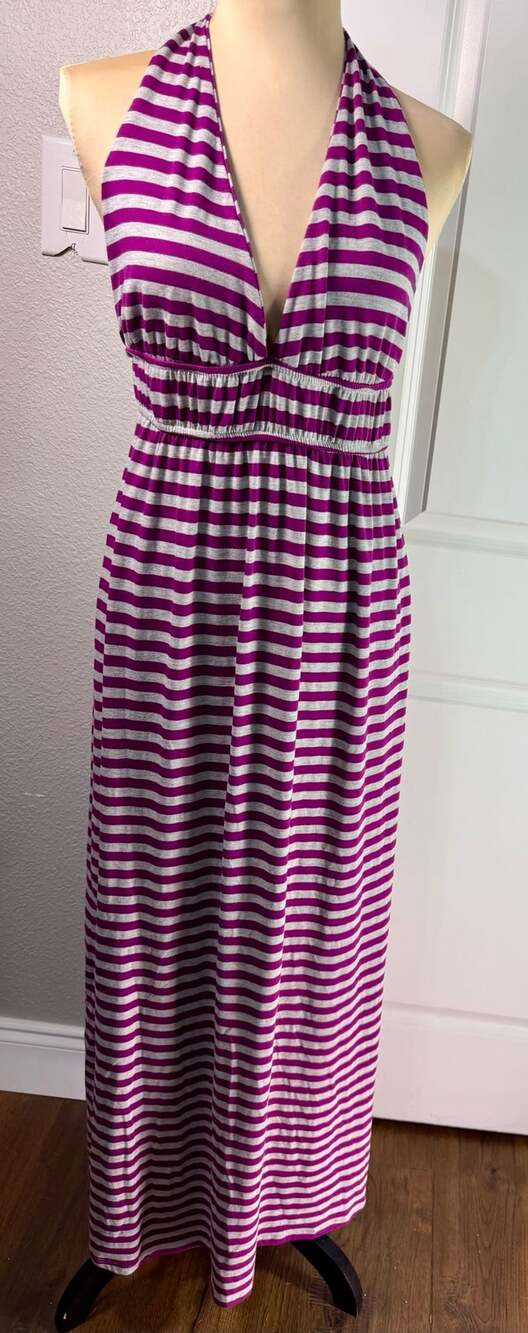 Seven7 Halter Maxi Dress Size S Purple Stripe V-Neck